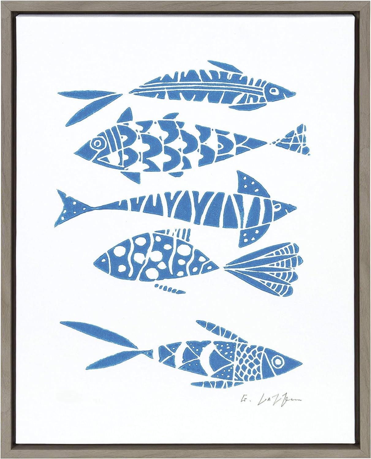 Kate and Laurel Sylvie Blue Fish Linocut Print Framed Canvas Wall Art by Giuliana Lazzerini, 18x2... | Amazon (US)