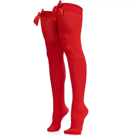 Skeleteen Bow Accent Thigh Highs - Red Over The Knee High Stockings with Red Satin Ribbon Bow Accent for Women and Girls | Walmart (US)