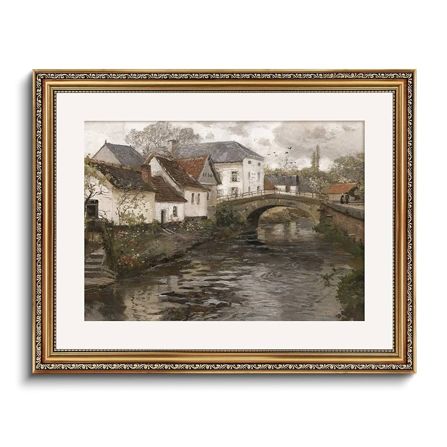 InSimSea Retro Gold Framed Wall Art, Home Room Riverside Small Town Vintage Wall Decor, Canvas Pr... | Amazon (US)