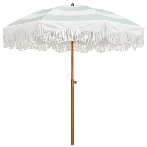 AMMSUN Boho Fringe Umbrella Outdoor Patio, 6.5ft UPF50+ Picnic Umbrella with Tassels with Steel Pole and Push Button Tilt, Vintage Green Stripe | Amazon (US)