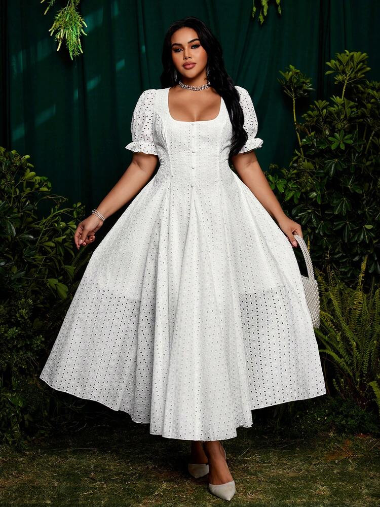 Roveilla Elegant White Summer Party Wedding Guest Dress,French Sweet Hollow Lace Puff Sleeve Square Neck Waist Cinching Plus Size Corset Vintage Midi Dress | SHEIN
