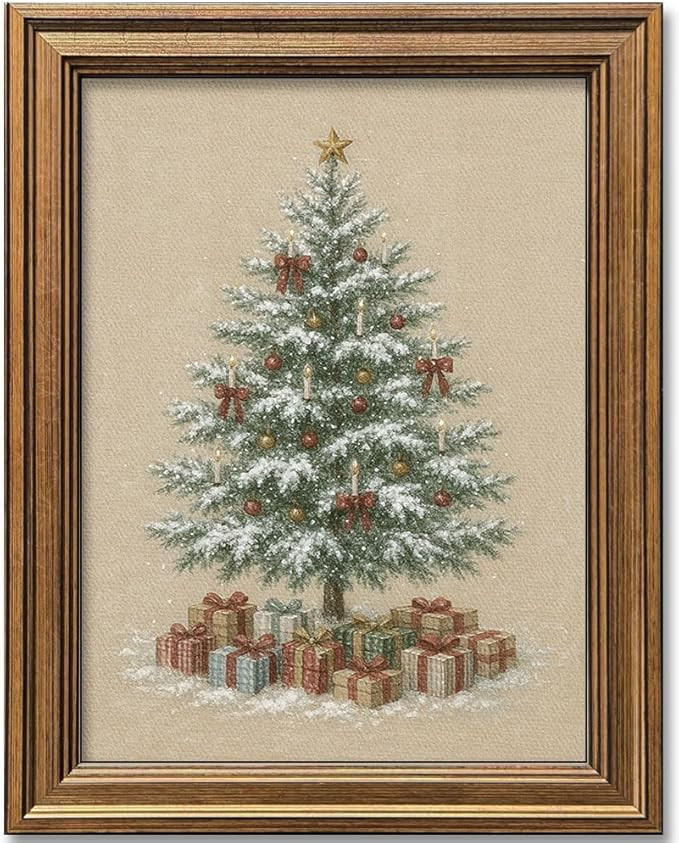 Christmas Tree Wall Art Vintage Gold Framed Wall Decor Rustic Winter Picture Painting for Farmhou... | Amazon (US)
