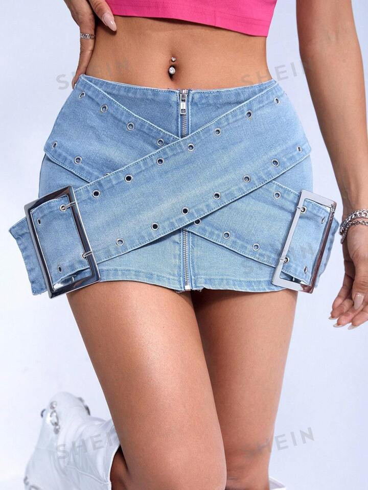 SHEIN ICON Buckle Detail Denim Skirt | SHEIN
