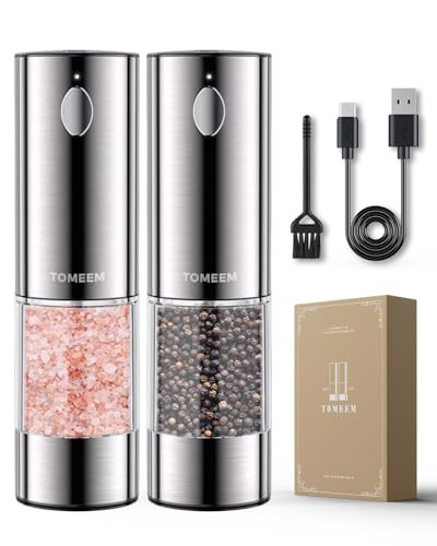 TOMEEM Upgraded Larger Capacity Electric Salt and Pepper Grinder Set Rechargeable with LED lights, Stainless Steel Automatic Pepper and Salt Grinder Refillable with 5 Adjustable Coarseness | Amazon (US)