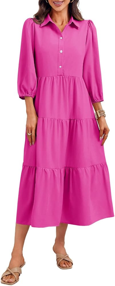 Wenrine Womens Casual 3/4 Sleeve Shirt Dress Button Down V Neck Tiered Collared Flowy Maxi Dress | Amazon (US)