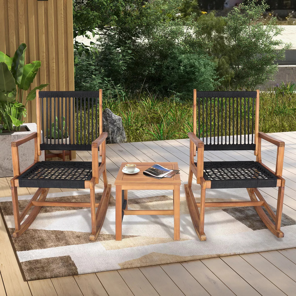 Costway 3pcs Patio Acacia Wood Bistro Table Rocking Chair Set All-Weather Rope Outdoor | Target