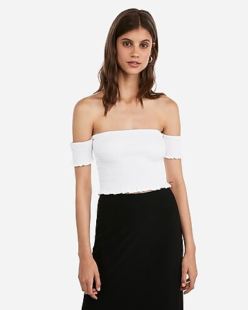 express one eleven off the shoulder smocked cropped tube top | Express