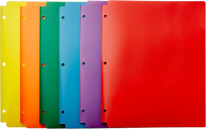 Amazon Basics Plastic 3 Hole Punch Folders with 2 Pockets, 8.5 x 11 inches, Pack of 6, Assorted C... | Amazon (US)