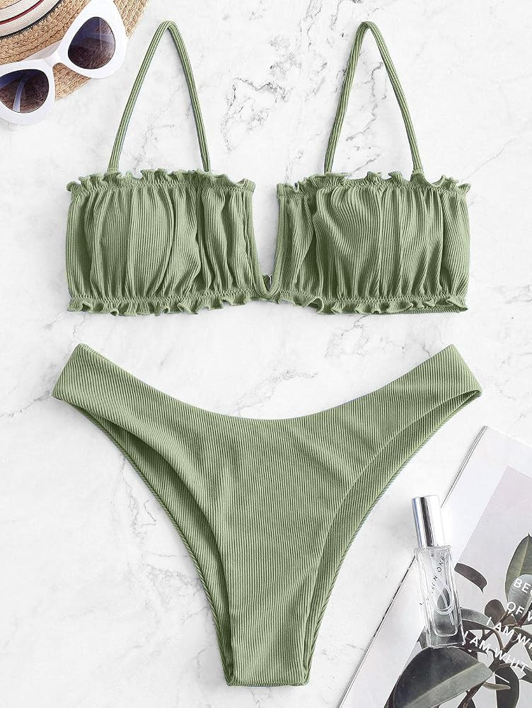 ZAFUL Womens 2 Pieces Bandeau Bikini Set Ruffle Lace up Padded Swimsuits | Amazon (US)