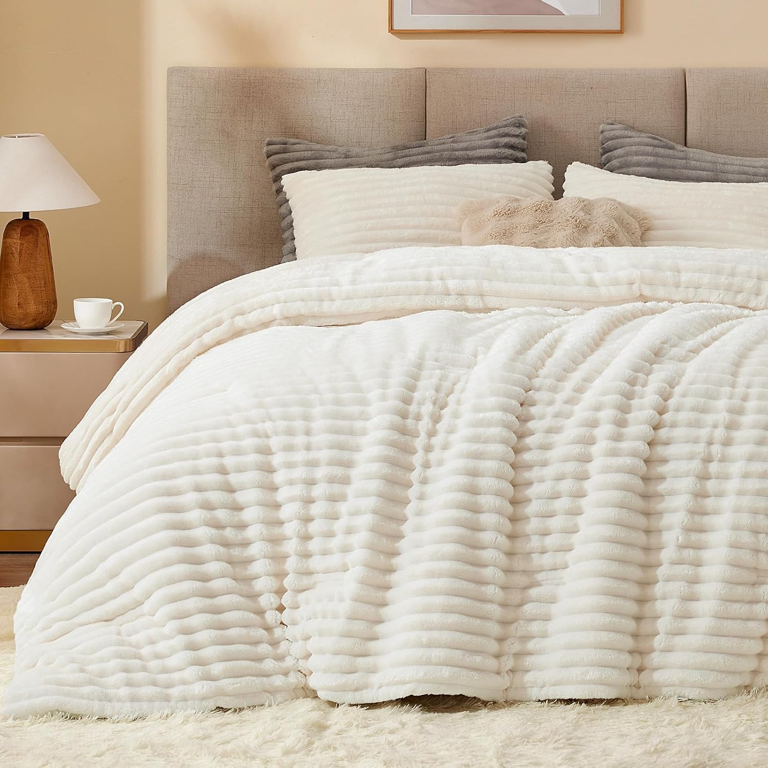 BEDELITE Fleece Queen Comforter Set, Fluffy Bed Set, Cream White | Amazon (US)