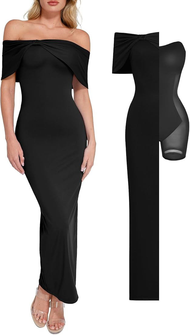 Popilush Shapewear Off The Shoulder Maxi Dress Wedding Guest Prom Dresses for Women Sleeveless Bo... | Amazon (US)