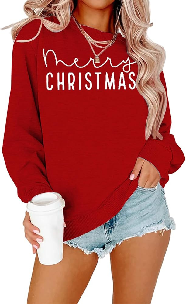 Christmas Sweatshirts For Women Xmas Sweater Merry Christmas Letter Printed Sweatshirt Holiday Lo... | Amazon (US)