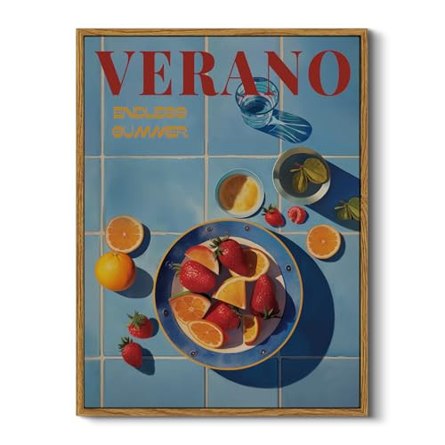 Vintage Summer Vibes Fruit Framed Canvas Wall Art 12x16”, Verano Still Life Vibrant Retro Colorful Strawberry Orange Print, Kitchen Dining Room Home Cafe Restaurant Decor | Amazon (US)
