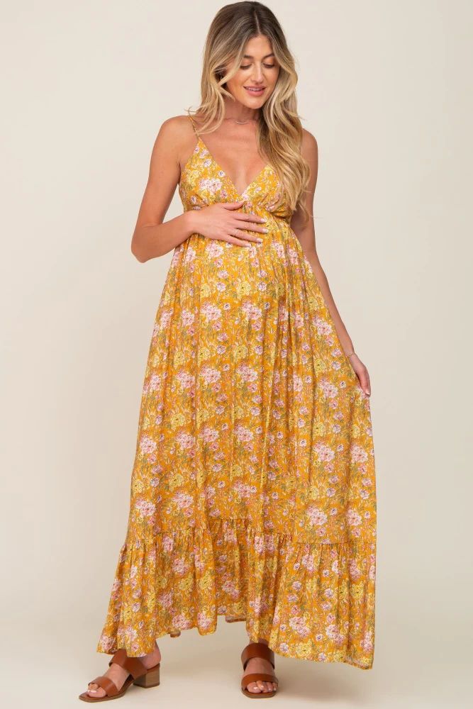 Gold Floral Back Tie Cutout Maternity Maxi Dress | PinkBlush Maternity