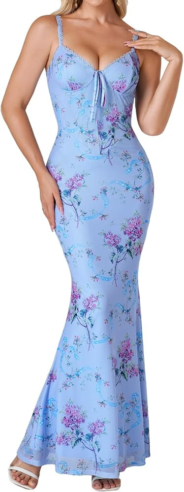 XinFSh Women's Lace Long Formal Wedding Guest Dress Floral Spaghetti Strap Bodycon Maxi Cocktail ... | Amazon (US)