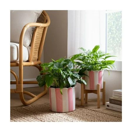 Decorative Striped Scallop Edge Planters Accent - Cute Flower Pots Ideal for Indoor or Outdoor Plants - Whimsical Garden, Patio, Home Decor, and Living Room Pots for Plants - Set of 2, 8", Pink | Walmart (US)