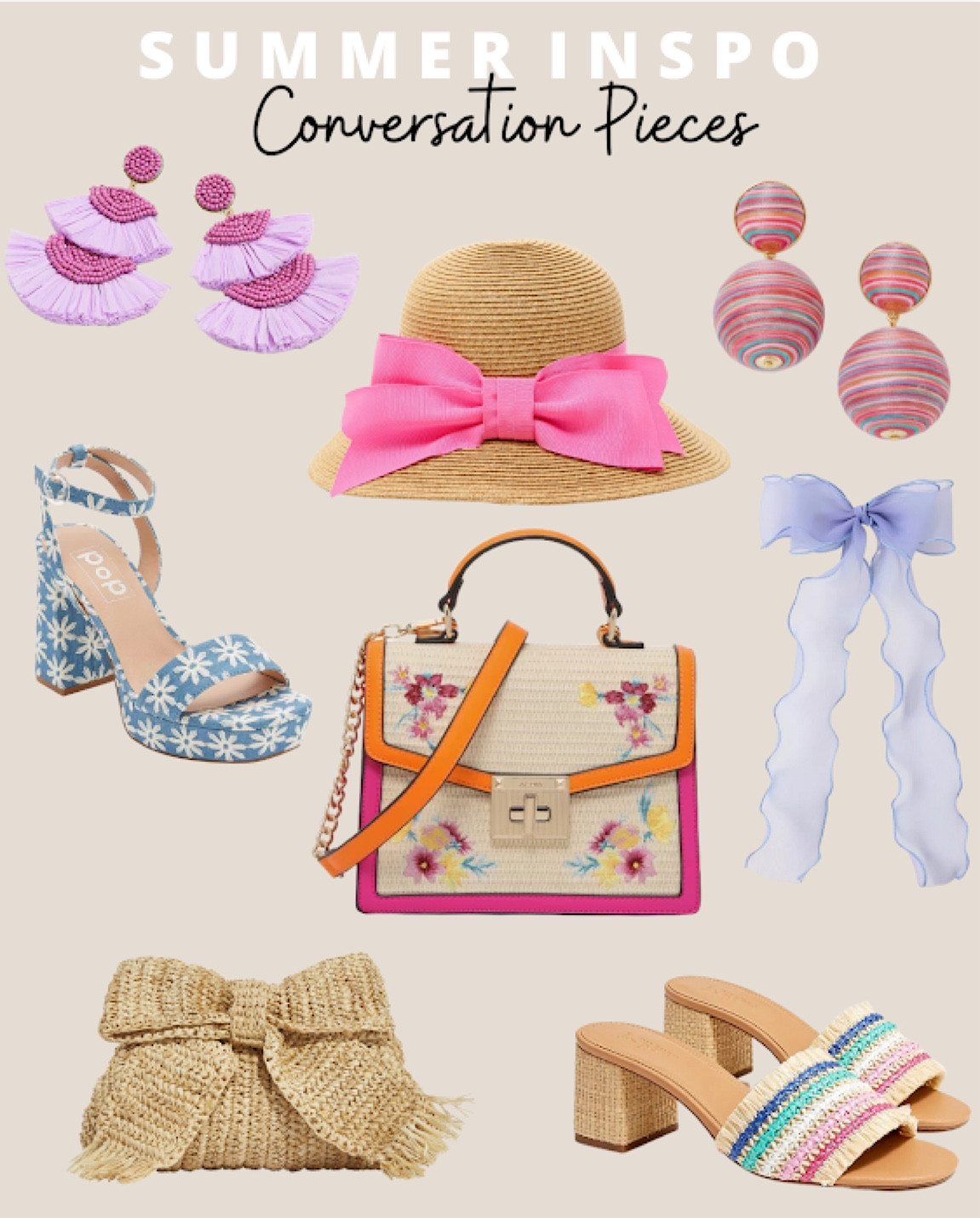 Summer Conversation Pieces: beaded woven statement earrings, bow sun hat, ball drop colorful earrings, best statement hair bow, woven rattan slides, rattan bow clutch, daisy block Strappy heels, bold floral statement purse

#LTKSeasonal #LTKstyletip
