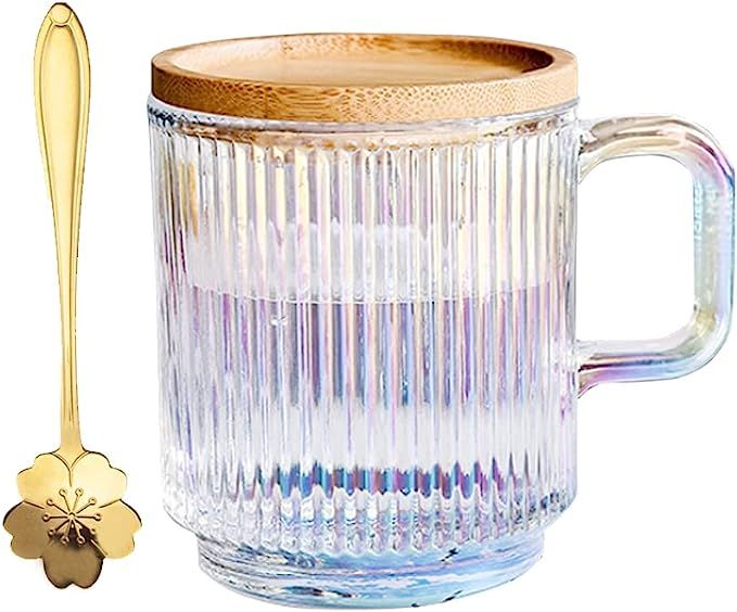 Amazon.com: Clear Iridescent Coffee Mug with Lid and Sakura Spoon Tea Cups Glass Mugs Pretty Cute... | Amazon (US)