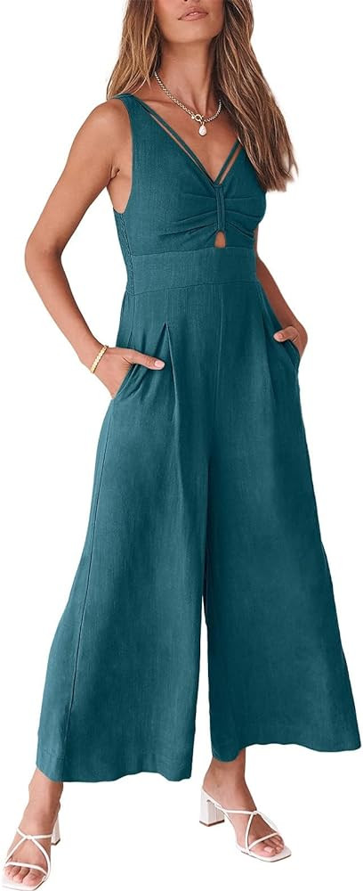 ANRABESS Womens Jumpsuits Summer Linen Wide Leg Sleeveless V Neck Casual Dressy Rompers Pants 202... | Amazon (US)