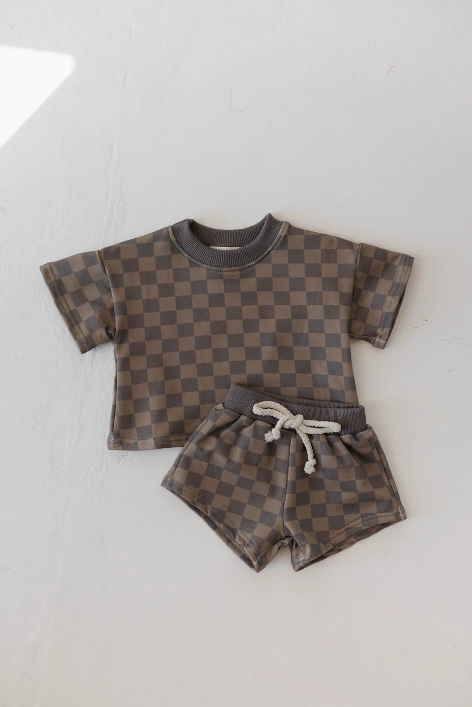 Faded Brown Checker Board | Two Piece Sweat Short Set | Forever French