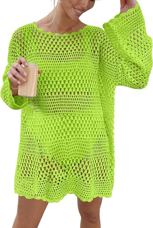 ANRABESS Women Swimsuit Crochet Swim Cover Up Summer Bathing Suit Swimwear Knit Pullover Beach Dress | Amazon (US)