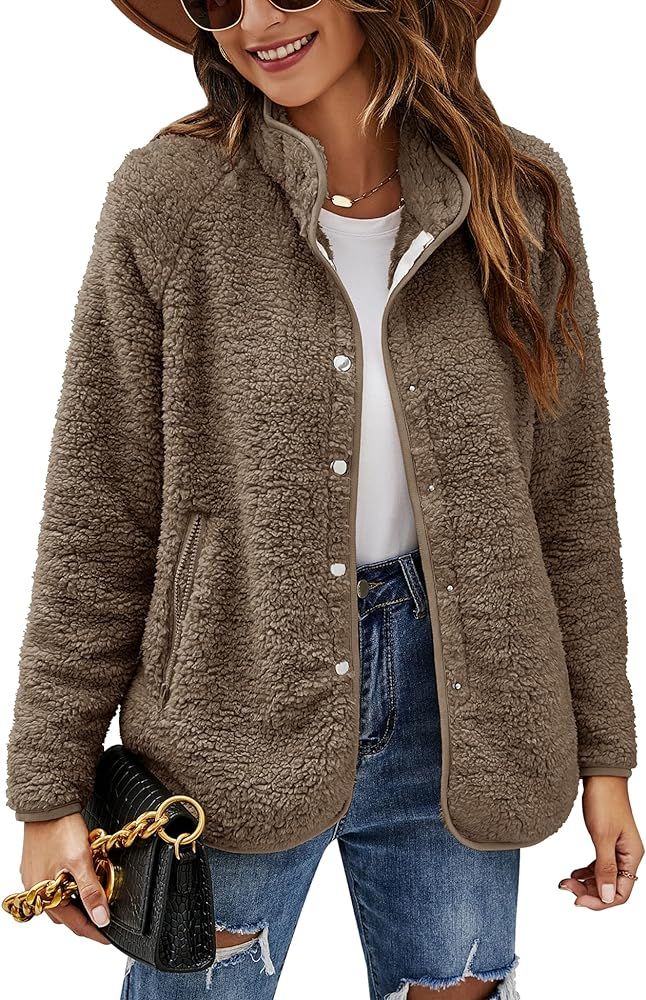 Micoson Women's Long Sleeve Cardigan Coat Lapel Button Down Warm Fuzzy Fleece Jacket Oversized Wi... | Amazon (US)