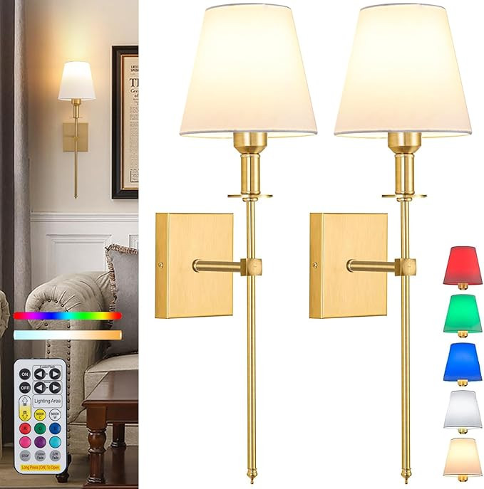 Battery Operated Wall Sconce Set Of 2,Rechargeable Wireless Wall Light With Remote 12 Colors Dimm... | Amazon (US)