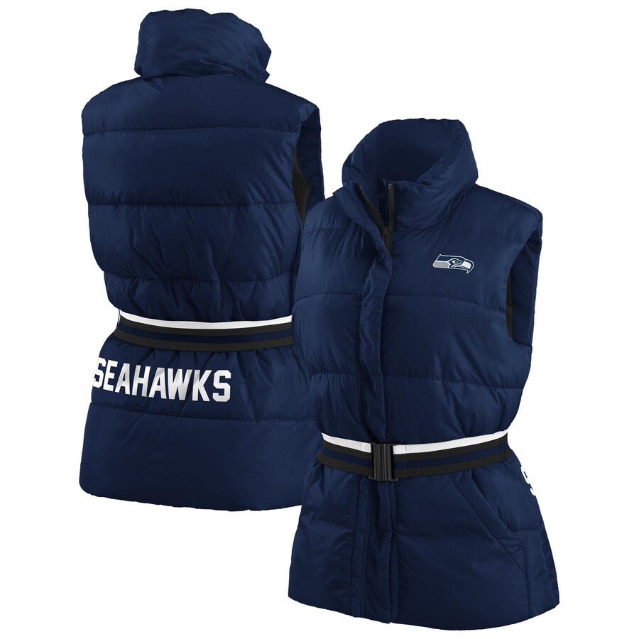 Seattle Seahawks WEAR by Erin Andrews Women's Full-Zip Puffer Vest with Belt - College Navy | Fanatics