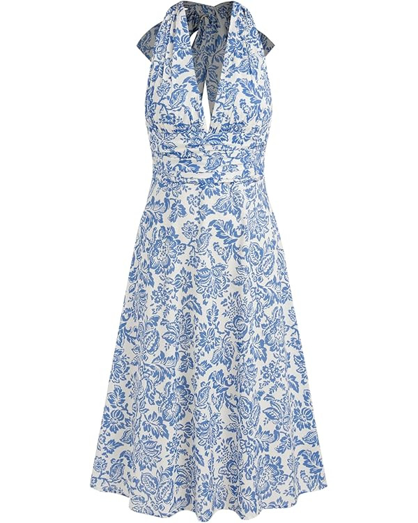 CIDER Santorini Beach Vacation V-neck Halter Backless Floral Ruffle Midi Dress | Amazon (US)