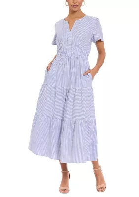 London Times Women's Seersucker Tiered Striped Shirtdress, 12 | Belk