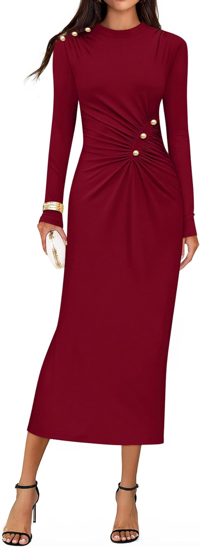 ZESICA Womens 2025 Fall Long Sleeve Mock Neck Bodycon Midi Dress Ruched Knit Elegant Party Cockta... | Amazon (US)