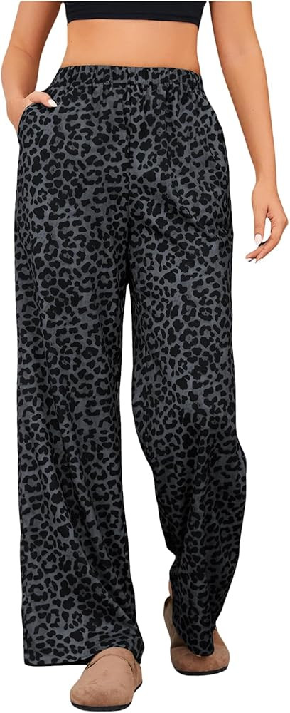 OYOANGLE Women's Leopard Print Elastic High Waist Long Pants Cheetah Printed Wide Leg Loose Trous... | Amazon (US)