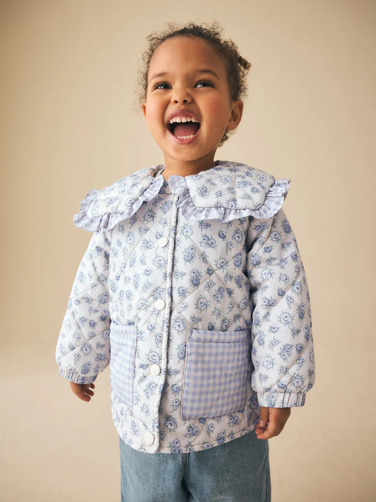 Blue/White Shower Resistant Frill Collar Quilted Jacket (3mths-7yrs) | Next US
