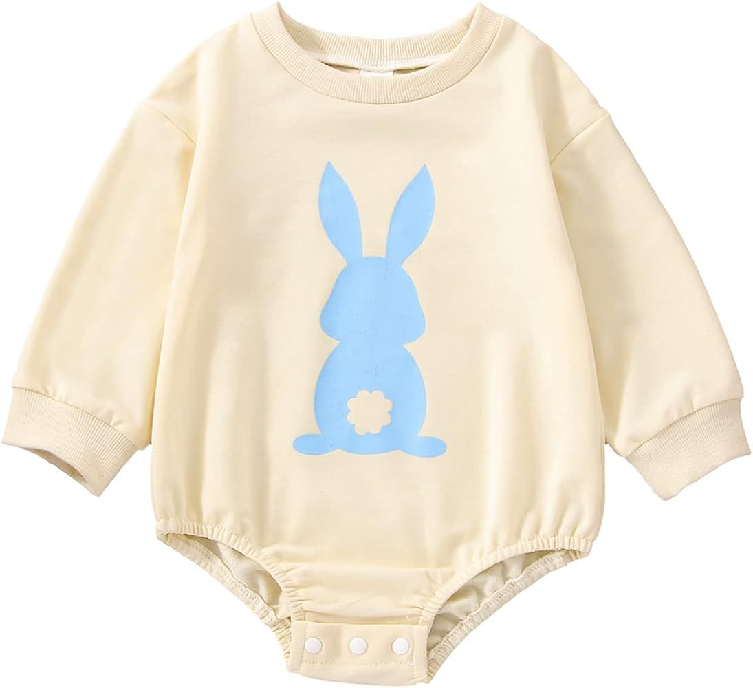 Infant Baby Girls Boys Easter Outfit Oversized Short Sleeve Crewneck Romper Sweatshirt Baby Bunny... | Amazon (US)