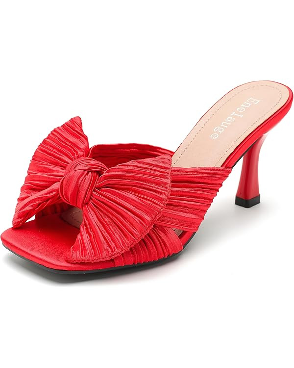 Women's Bow Knot Heeled Sandals Open Toe Low Kitten Heels Mules Sandals Slip On Pleated Wedding B... | Amazon (US)
