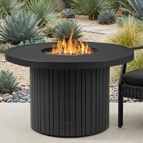 Real Flame Calvin 44in Round Propane Fire Pit Table, 50,000 BTU, Hidden Tank Storage, Aluminum, Push-Button Ignition, Lava Rock, Storage Cover, Stainless Steel Burner with Lid (Black Coral) | Amazon (US)