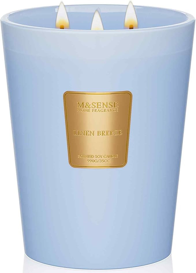 M&SENSE Large Soy Candle Linen Breeze Scented 35oz 150H Burn Time Long Lasting, 3-Wick Natural Ar... | Amazon (US)