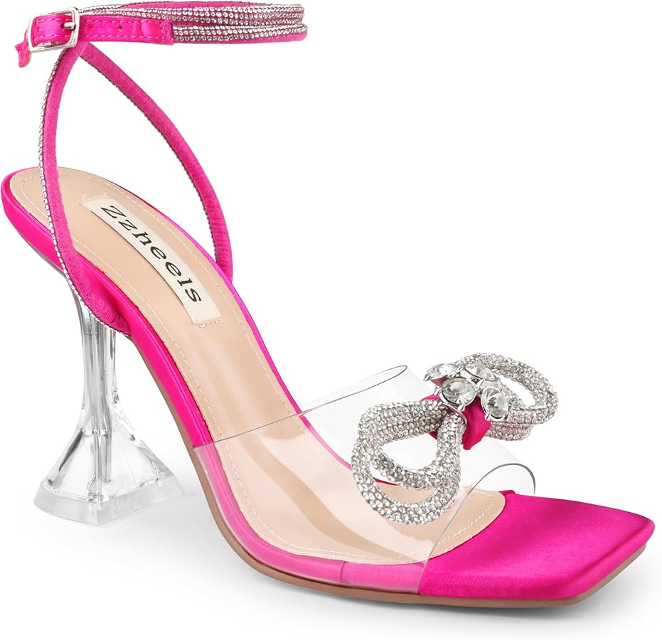 Zzheels Double Bowknots Crystal Sandals Clear Slingback Heels Square Toe Shoes for Party Wedding | Amazon (US)