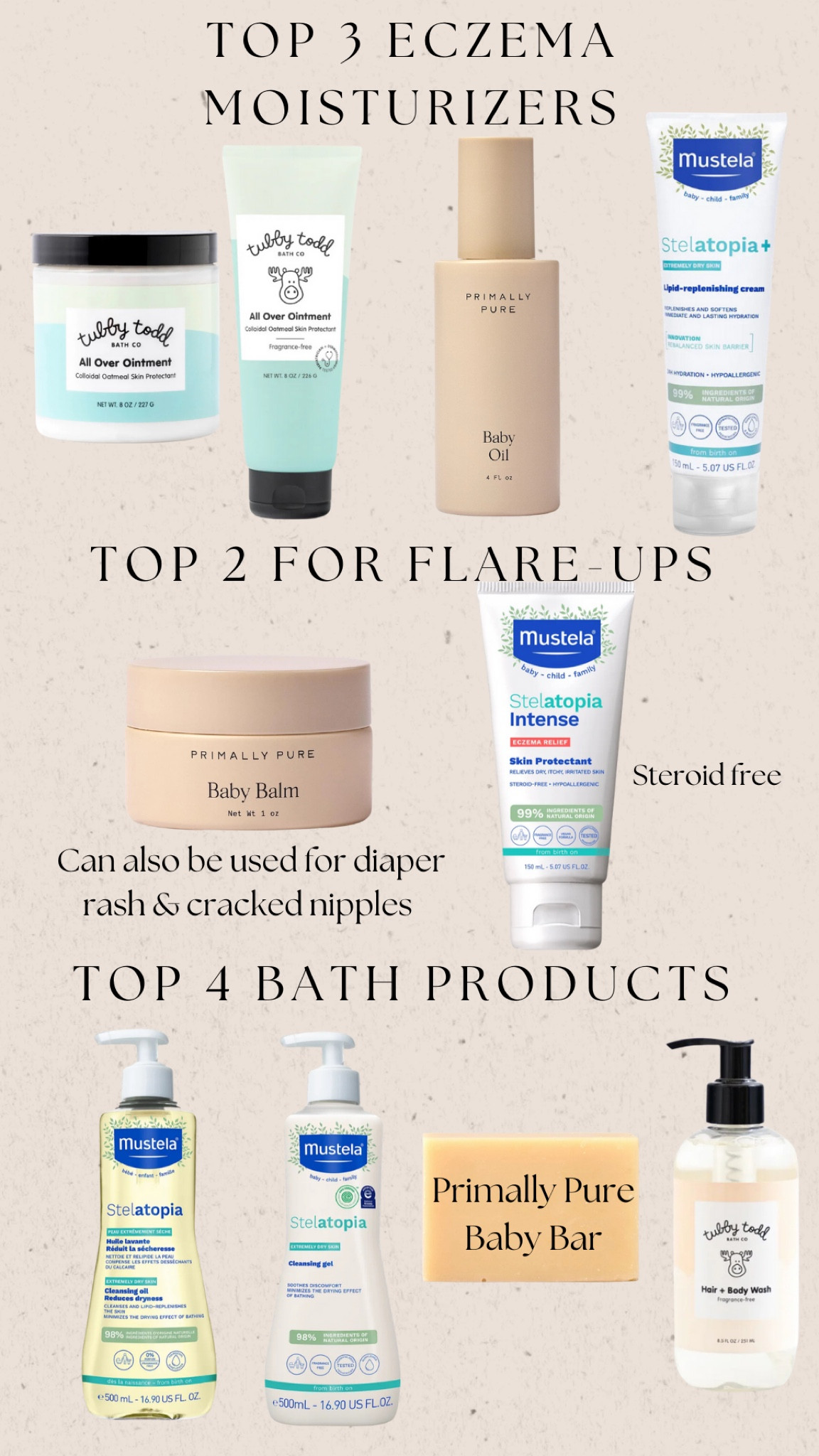 Eczema product list- we rotate it out every week! 
-Primally pure 15% off code: “JAMIESYANG”
-Mustela 15% off code: “JAMIE15”
-Tubby Todd 10% code: LINK on bio💕

#LTKBump #LTKFamily #LTKKids