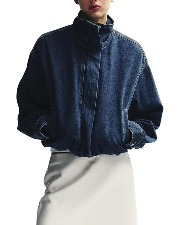 Womens Oversized Denim Bomber Jackets Long Sleeve Zip Up Elastic Hem Jean Jacket with Pockets | Amazon (US)