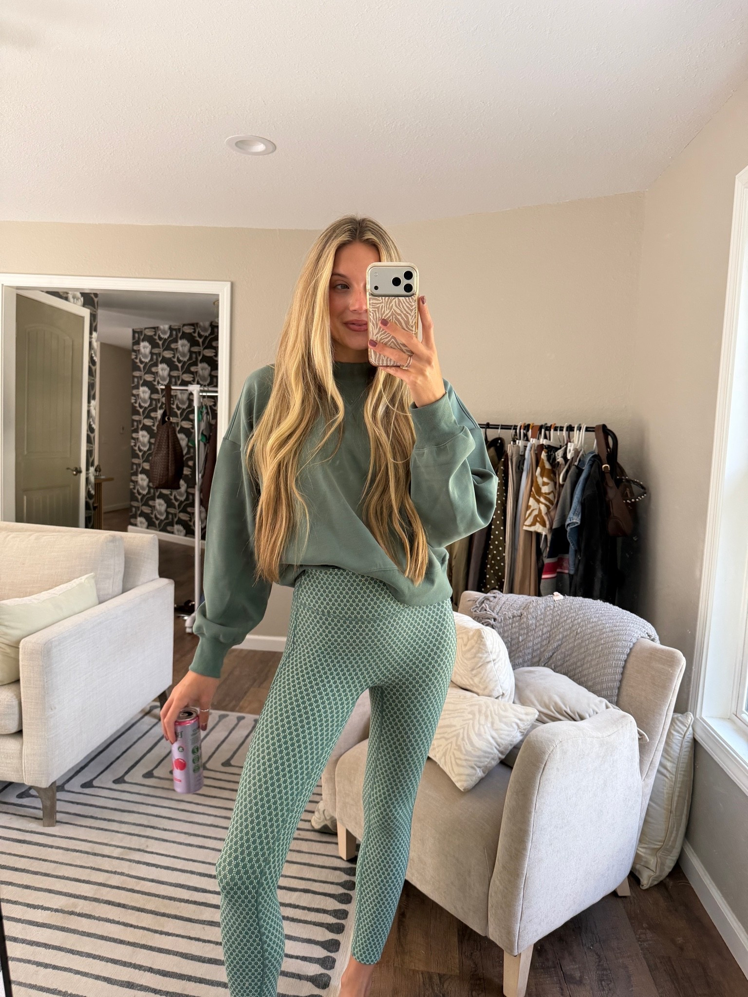 This target set is 10/10 — loving the green and the pattern is tiny horseshoes! The top is targets airy sleek line which is AMAZING! In a M pullover and small legging #athletic #target #leggings #lounge