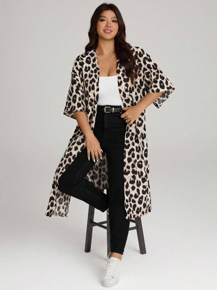 Comfylo Leopard Print Open-Front Kimono Loose-Fit Plus Size Women Top Winter Fall Autumn | SHEIN