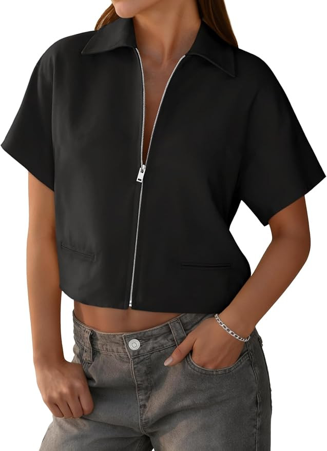 Tankaneo Womens Short Sleeve Zip Up Collared Cropped Jackets | Trendy, Summer Casual, Blazer, Col... | Amazon (US)