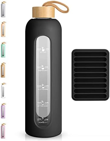 Sursip 32oz Glass Water Bottle with Time Marker, Water Bottle with Silicone Sleeve and Bamboo Lid... | Amazon (US)