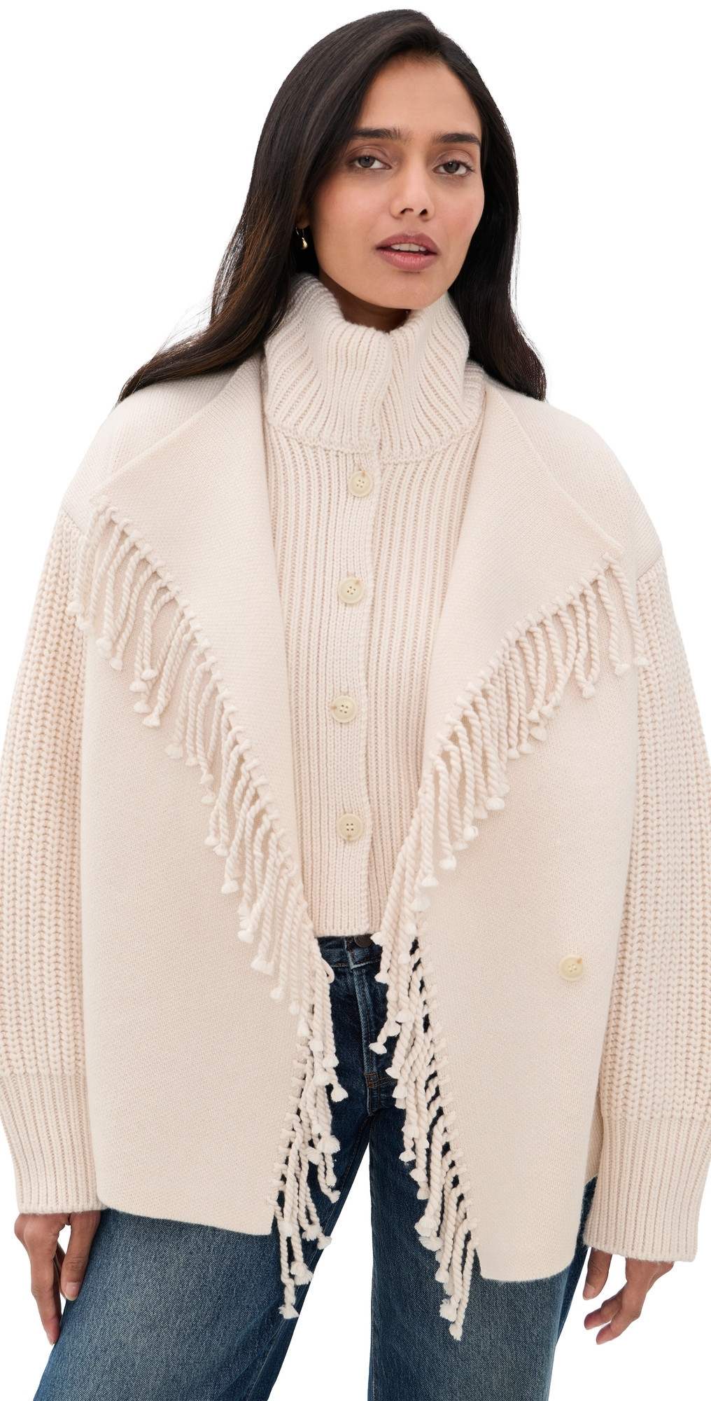 FRAME The Cropped Jacquard Fringe Coat Ecru XS | Shopbop