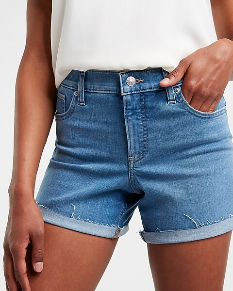 Mid Rise Convertible Raw Hem Jean Shorts | Express