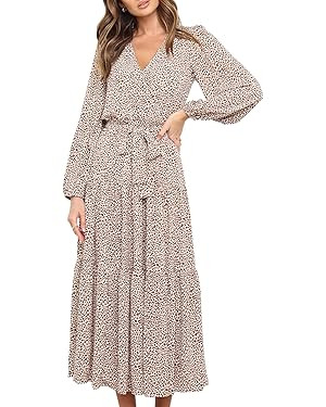 R.Vivimos Women's Fall Long Sleeve Casual Dresses Wrap V Neck Polka Dots Tiered Ruffle Flowy Midi... | Amazon (US)