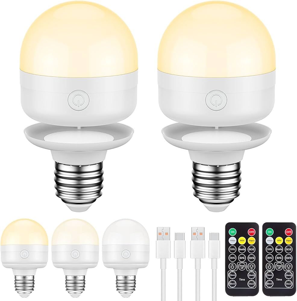 SCOPOW 2Packs E26 Rechargeable Light Bulbs with Remote Control Timer and 3 Color Temperature 350LM Magnetically Battery Operated Light Bulbs Dimmer LED Light Bulbs for Non-Hardwired(E26, 2) | Amazon (US)