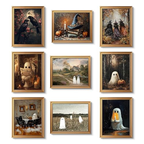 Halloween Wall Art Set of 9, Vintage Ghosts Halloween Wall Decor, Witch Ghost Art Canvas Prints, Rustic Farmhouse Halloween Posters for Living Room Bedroom Bathroom Home Decor 8x10 Inch Unframed | Amazon (US)