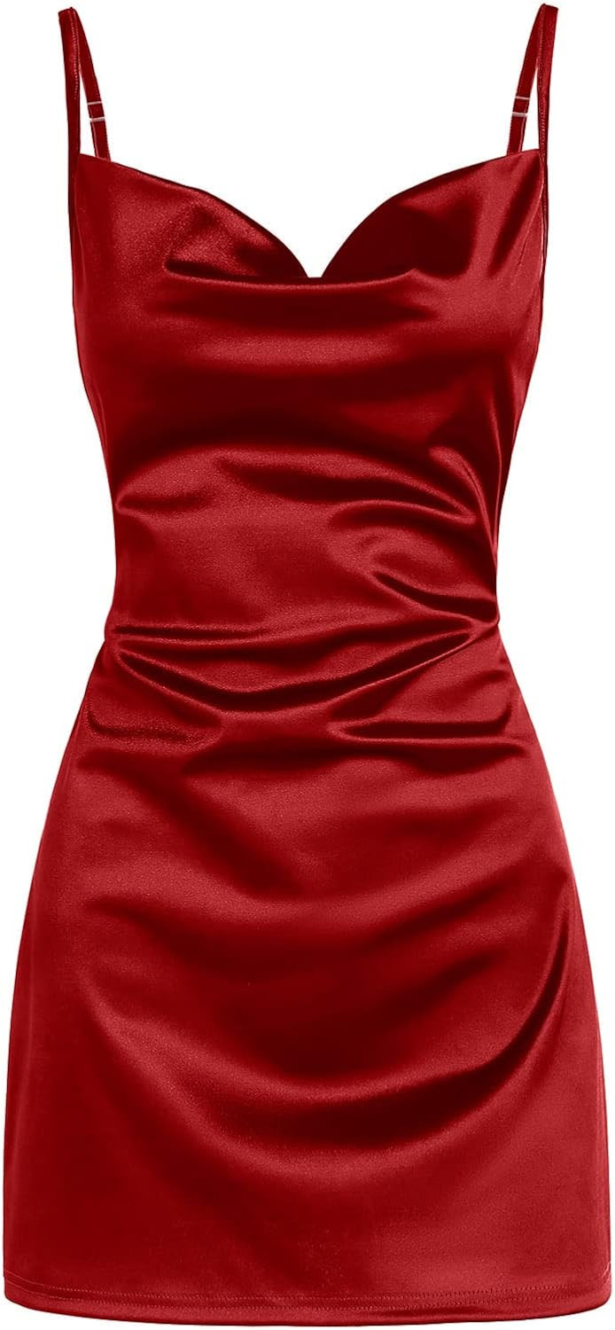 ZAFUL Women's Satin Sleeveless Spaghetti Strap Mini Dress Side Slit Cowl Neck Cocktail Party Dres... | Amazon (US)